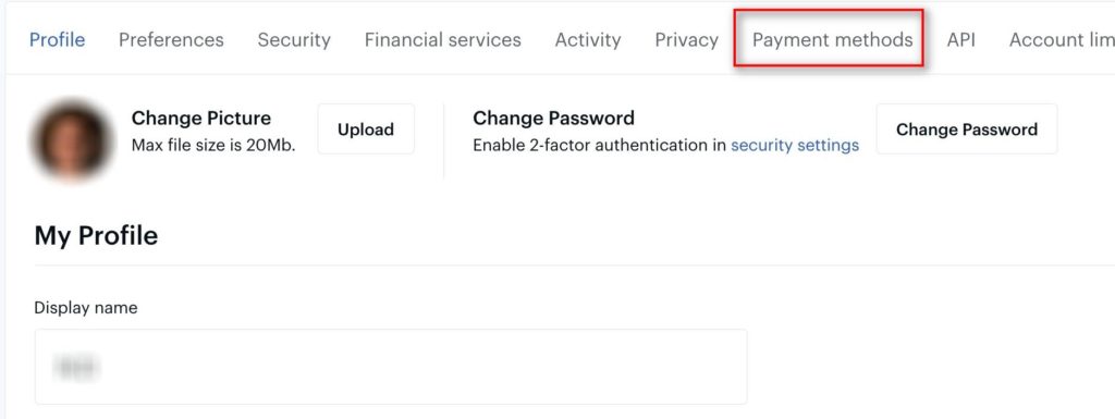 Settings screen - highlighted payment methods.