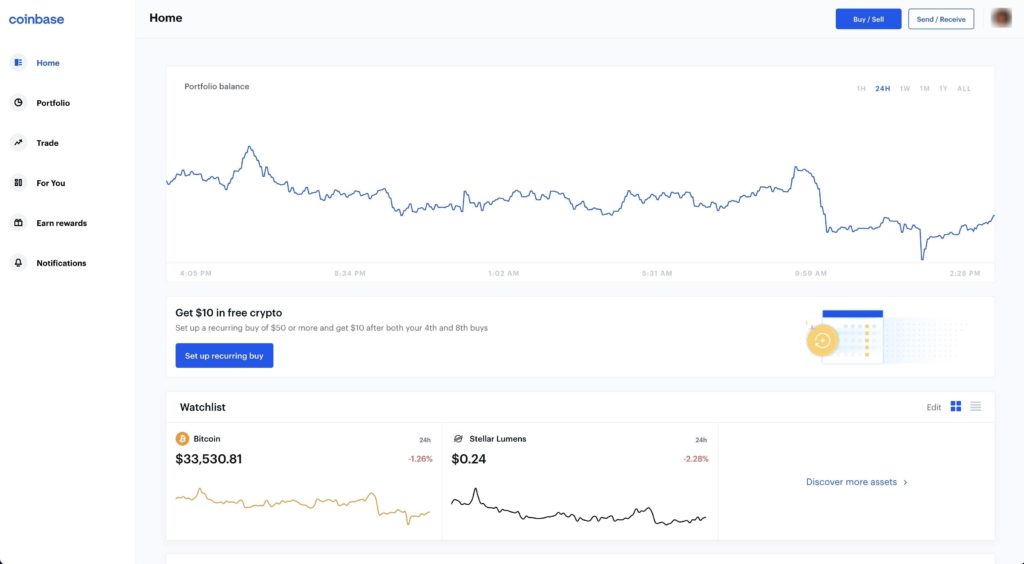 Coinbase home screen